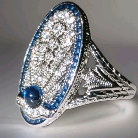 boutique Jewelry - Art Deco Style Lab Created diamond Sapphire Wedding 14k White Gold Plated Sz 10